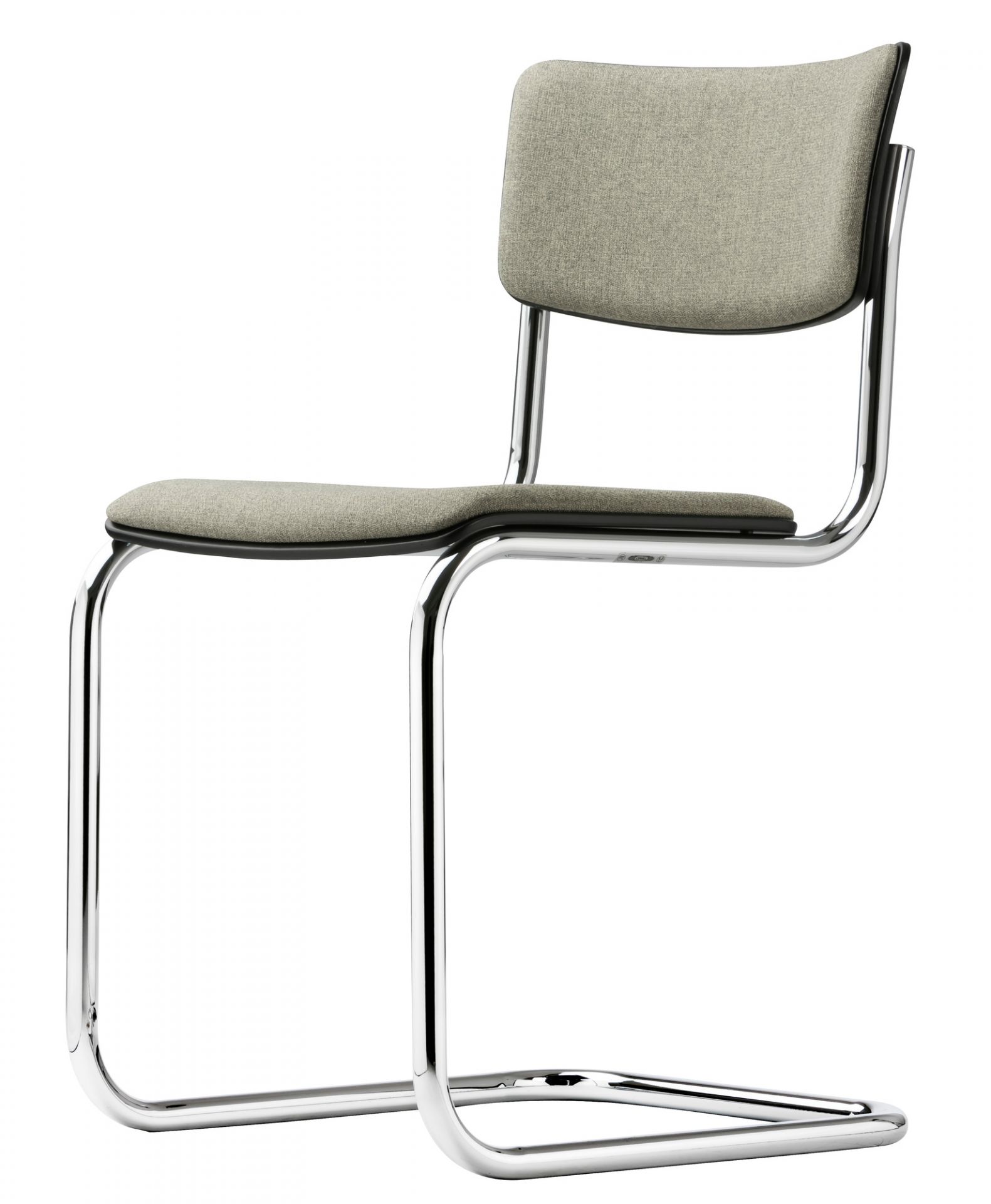 S 43 PV Thonet Freischwinger Stuhl mit Stahlrohrgestell und grauem Stoffbezug, klassisches Design.